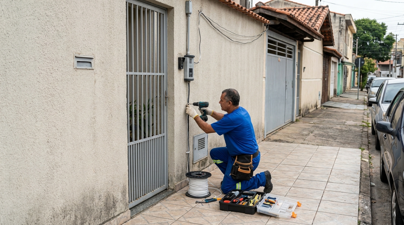 Eletricista instalando interfone em Maceió‑AL